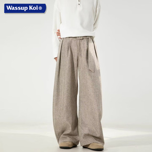 松弛感宽松腰带休闲直筒垂感长裤 WASSUP KOI联名老钱风亚麻阔腿裤