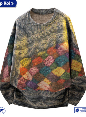WASSUP KOI联名美式彩色提花圆领毛衣男冬季设计感保暖针织衫外套