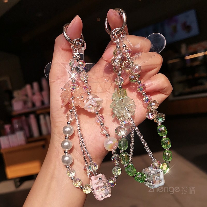 方糖水晶花球手机链ins女生小清新手腕挂饰手机壳挂件串珠链短款