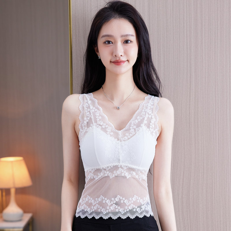 带胸垫蕾丝花边V领小吊带时尚潮