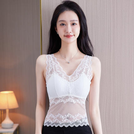 带胸垫蕾丝花边V领小吊带女外穿修身性感内搭辣妹打底短款背心夏