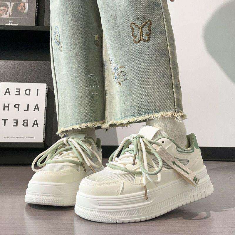 白绿拼色网面厚底小白鞋
