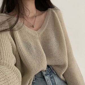 大码杏色v领针织衫女早秋薄款胖mm显瘦遮肚子宽松慵懒风长袖上衣