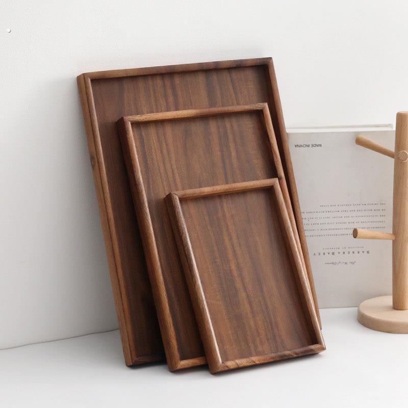 黑胡桃实木盘子家用长方形木质托盘日式水杯茶杯甜品托盘餐盘茶盘