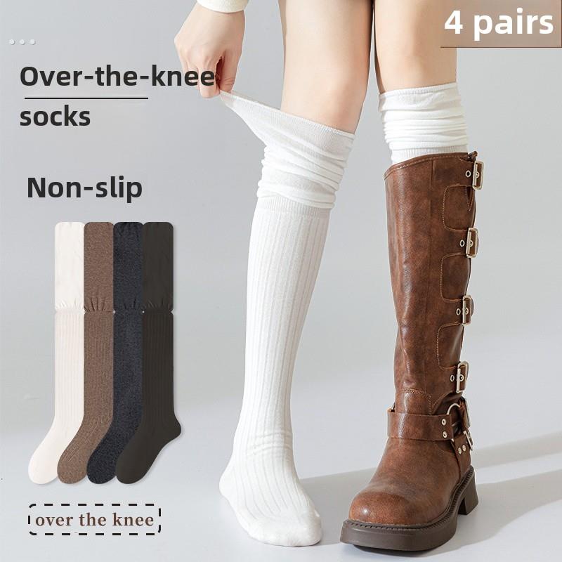 春秋季女士过膝长筒袜美拉德绒袜纯棉长筒袜秋色防滑白袜