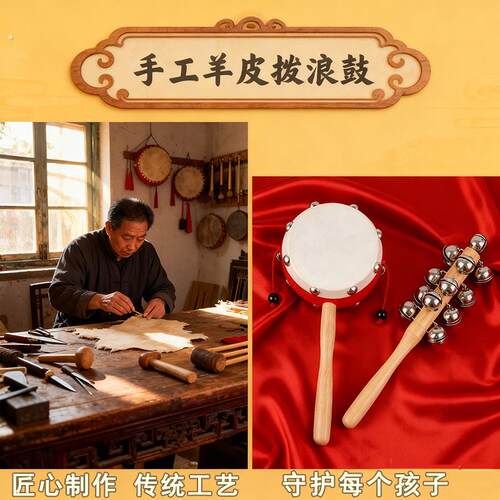 羊皮拨浪鼓老式手工榉木棒铃哗啦棒非遗牛皮新生婴儿可啃咬实木