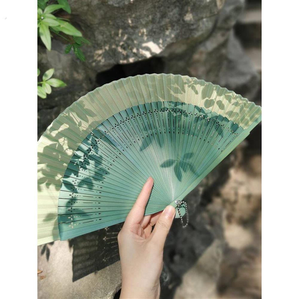 古风折扇夏季旗袍汉服折叠扇绿色小竹绢布扇子中国风舞蹈跳舞扇女