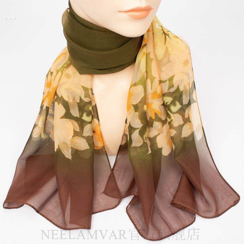 秋冬装饰围脖时尚洋气薄款丝巾女士百搭中年长条印花丝巾纱巾围巾