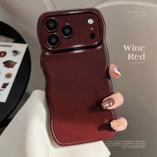 复古酒红色苹果18手机壳iphone17高级11适用16promax波浪边12纯色