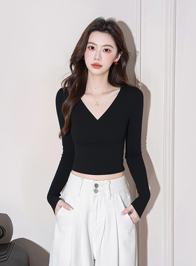 黑色v领纯棉打底衫女长袖冬季内搭2025年新款高腰露脐短款上衣ins