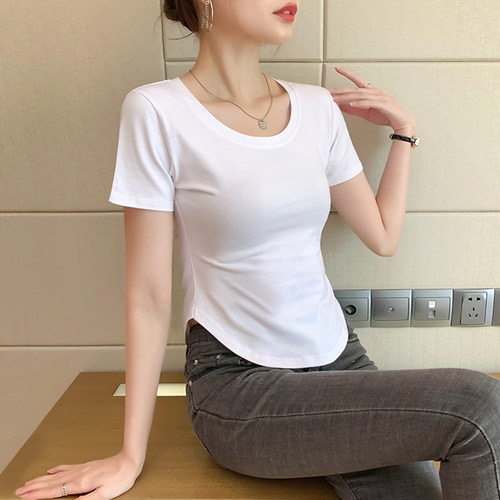 白色短袖t恤女修身显瘦设计感