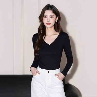 黑色v领打底衫女纯棉冬季内搭