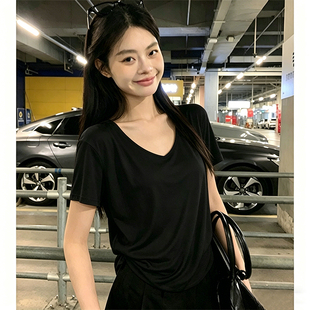 美式V领纯色短袖T恤女夏韩版潮宽松显瘦百搭上衣简约休闲体恤学生