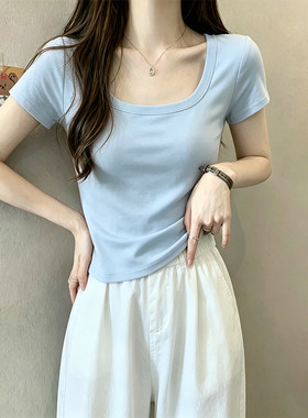 天蓝色方领正肩T恤女夏季收腰显身材短款上衣捏褶小衫甜辣风短袖