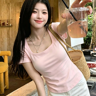时尚修身方领短袖t恤女士显瘦辣妹上衣白色半袖内搭打底衫