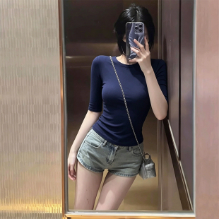 黑色五分袖T恤女士夏季新款百搭内搭打底衫圆领中袖正肩体恤上衣