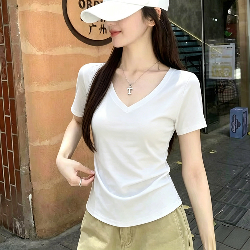 白色v领正肩短袖修身T恤女2026年夏季大码宽松胖mm内搭打底衫上衣图片