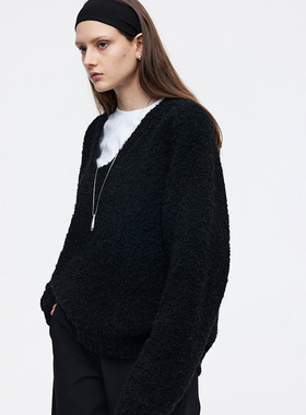 dat. 羊毛混纺黑色肌理圈圈纱慵懒柔软极简宽松套头大V领毛衣