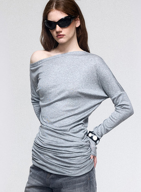 dat.明後日 天丝花灰弹力褶皱宽松罩衫长袖斜肩连衣裙