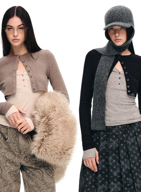 dat.明後日 针织短开衫真两件亨利V领多穿法长袖内搭打底衫套装