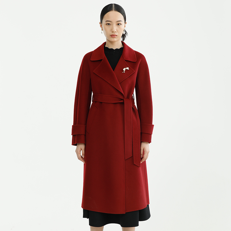 戴布拉芬新款冬季羊毛高端赫本风大衣女冬装红色长款系带毛呢外套