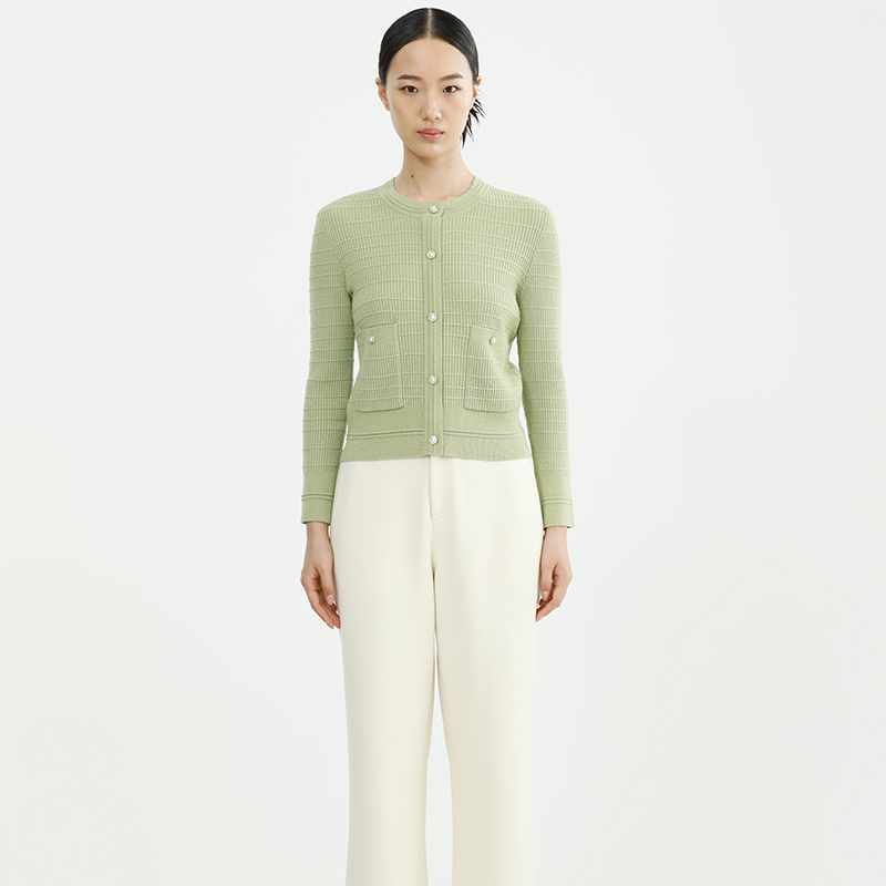 戴布拉芬新款冬季浅绿色单排扣圆领针织衫开衫毛衣外套女短款上衣