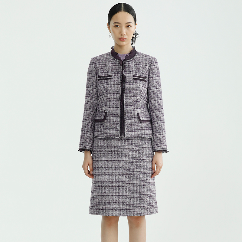 戴布拉芬新款冬季小香风半身裙女时尚紫色半裙格子小众设计感裙子