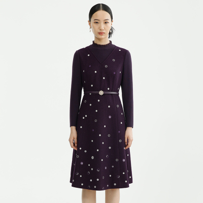 戴布拉芬新款冬季修身收腰气质羊毛连衣裙长袖中长款印花时尚裙子