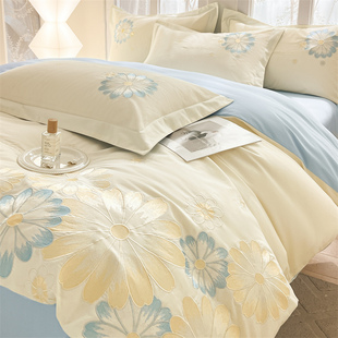 轻奢高级感全棉四件套纯棉刺绣被套床单床笠四季通用被罩床上用品