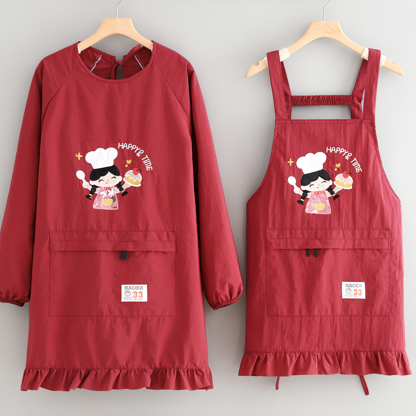 韩版防泼水长袖围裙厨房做饭