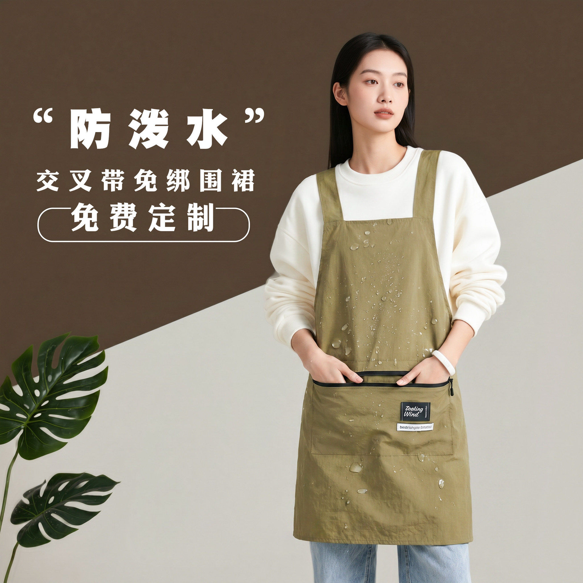 时尚防泼水厨房围裙家用做饭免绑