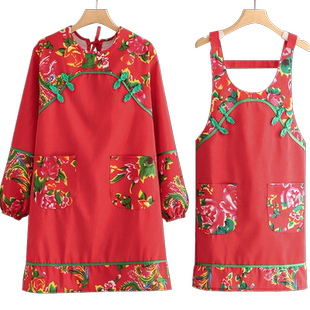 帆布长袖围裙厨房家用防污耐脏罩衣女新款民族风农家乐工作服定制