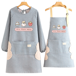 2023新款棉麻长袖围裙家用厨房透气罩衣女耐磨防污做饭工作服大人