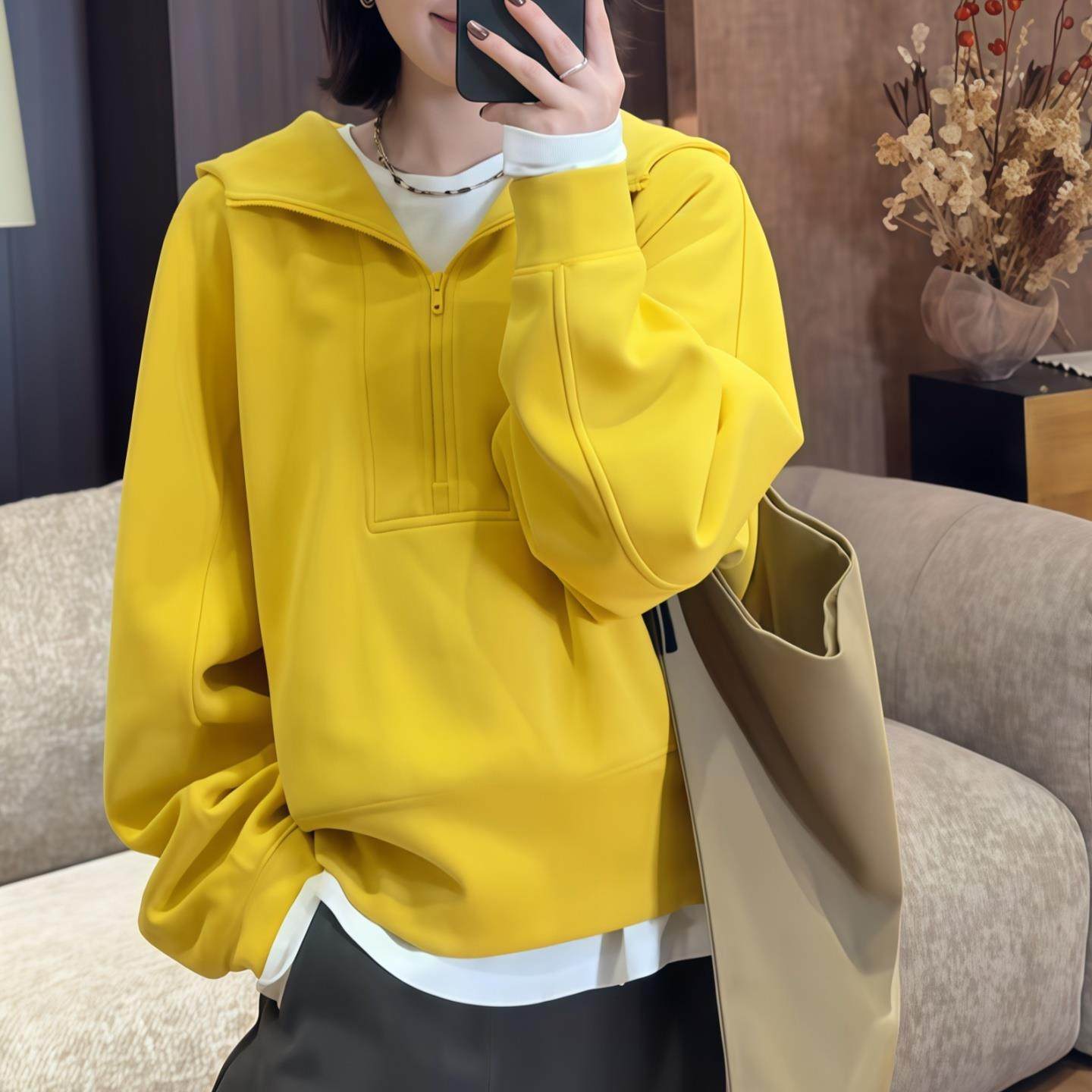 ROUMIKL粉色半拉链连帽卫衣女2025新款秋季爆款宽松挺阔长袖帽衫