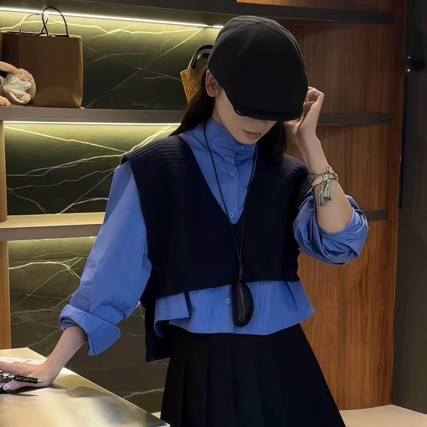 ROUMIKL蓝色立领短款衬衫女叠穿V领披肩真两件2025新款小个子秋装
