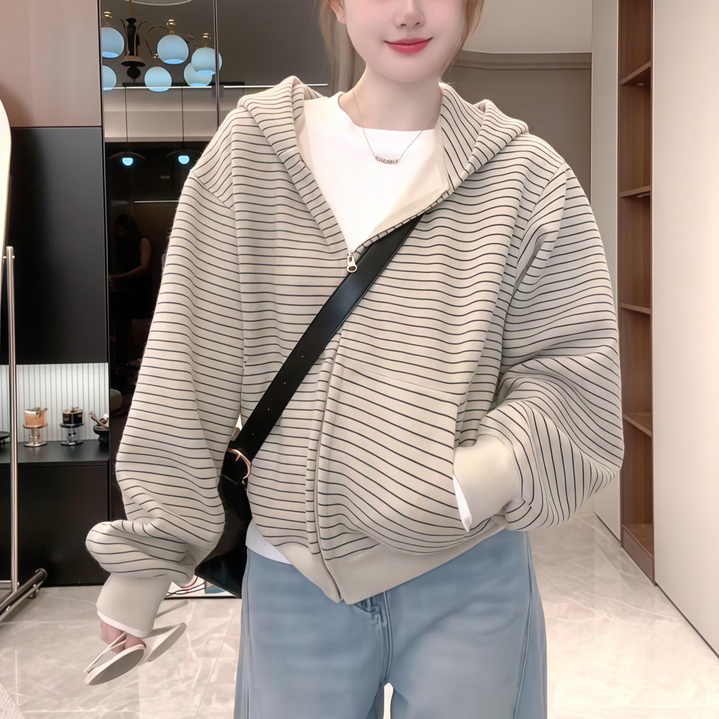 ROUMIKL撞色条纹连帽拉链卫衣外套女2025新款深秋宽松保暖长袖开