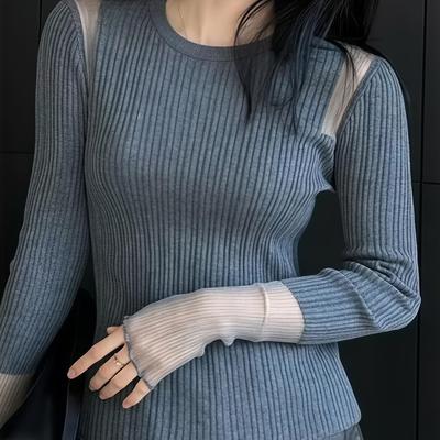 ROUMIKL高级感微透网纱长袖针织衫女2025新款秋季坑条内搭打底衫