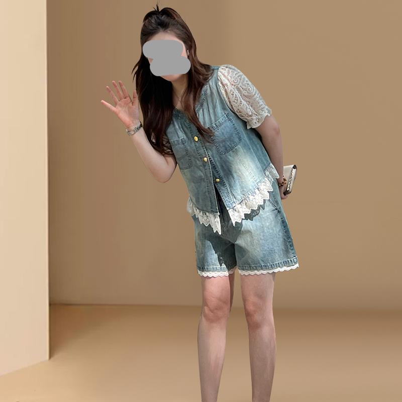 RIERA小香风蕾丝拼接牛仔套装女2025夏季新款高级感气质阔腿短裤