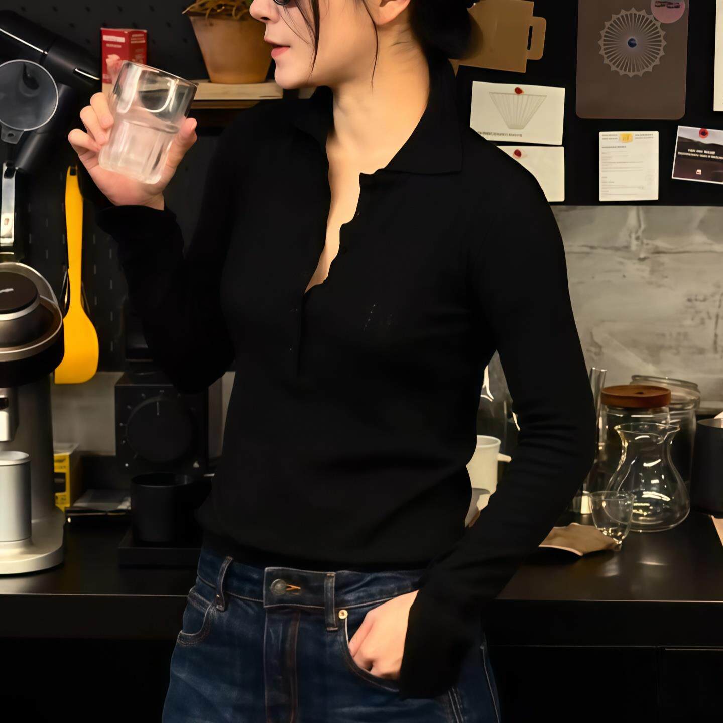 ROUMIKL黑色polo领长袖针织衫女2025新款早秋修身显瘦打底衫开叉