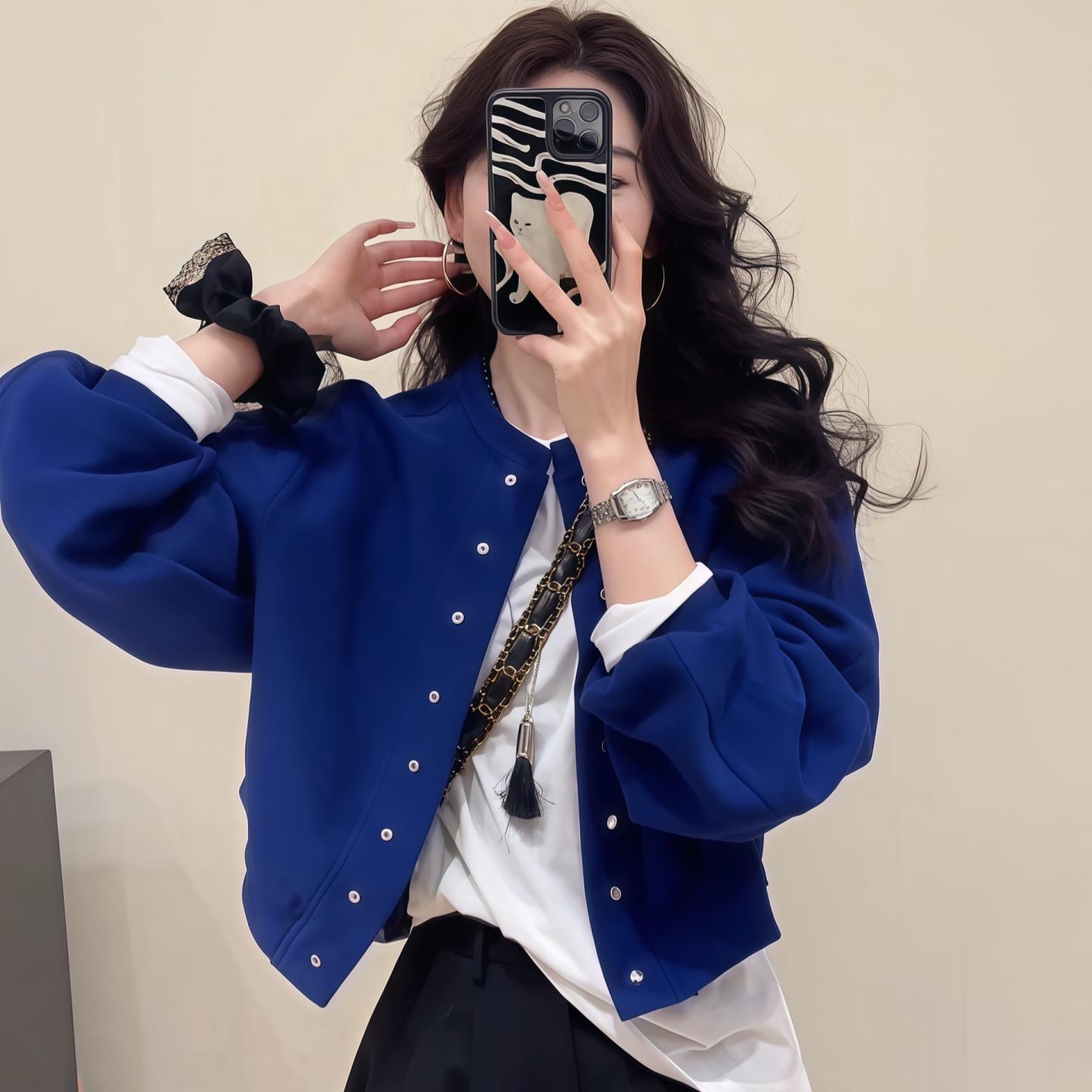 ROUMIKL圆领棒球服短外套女秋2025新款小个子单排扣长袖夹克开衫