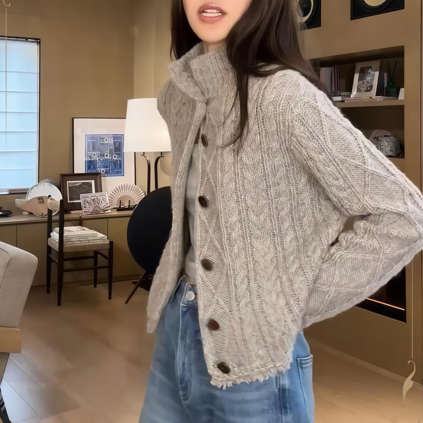 ROUMIKL半高领麻花针织开衫女2025新款秋冬季单排扣长袖毛衣毛边