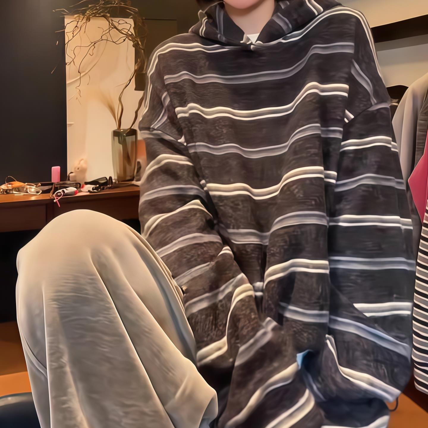 ROUMIKL连帽条纹插兜卫衣女2025新款秋冬抽绳下摆长袖帽衫时髦慵