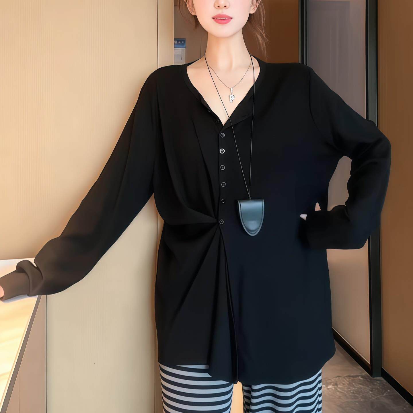 ROUMIKL圆领长袖中长款两穿T恤女2025新款早秋薄款褶皱收腰宽松大