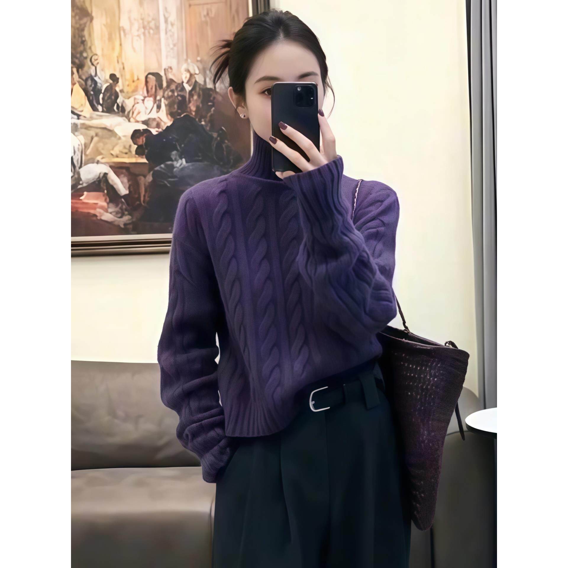 ROUMIKL紫色麻花高领针织衫女2025新款秋冬软糯宽松套头长袖毛衣