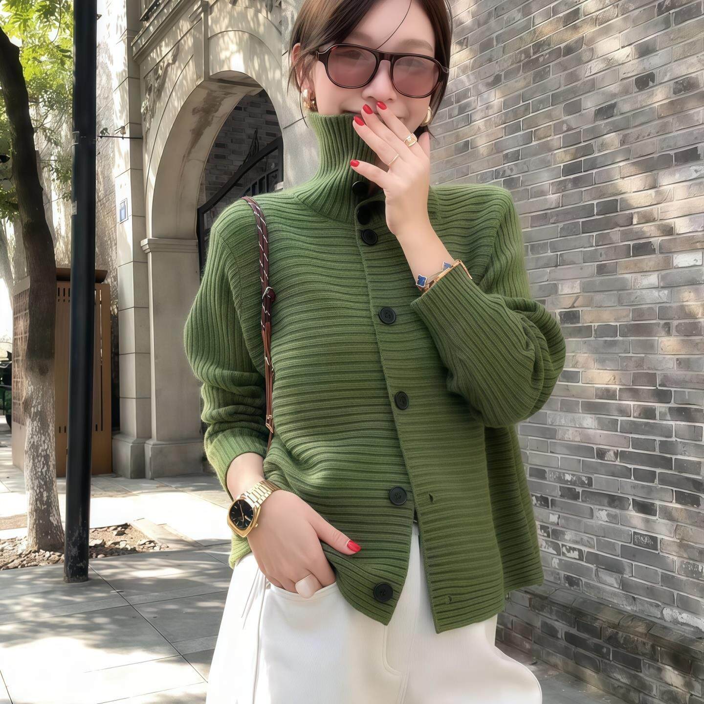 ROUMIKL纽扣翻领横条针织开衫女秋冬2025新款显白绿色软糯长袖毛
