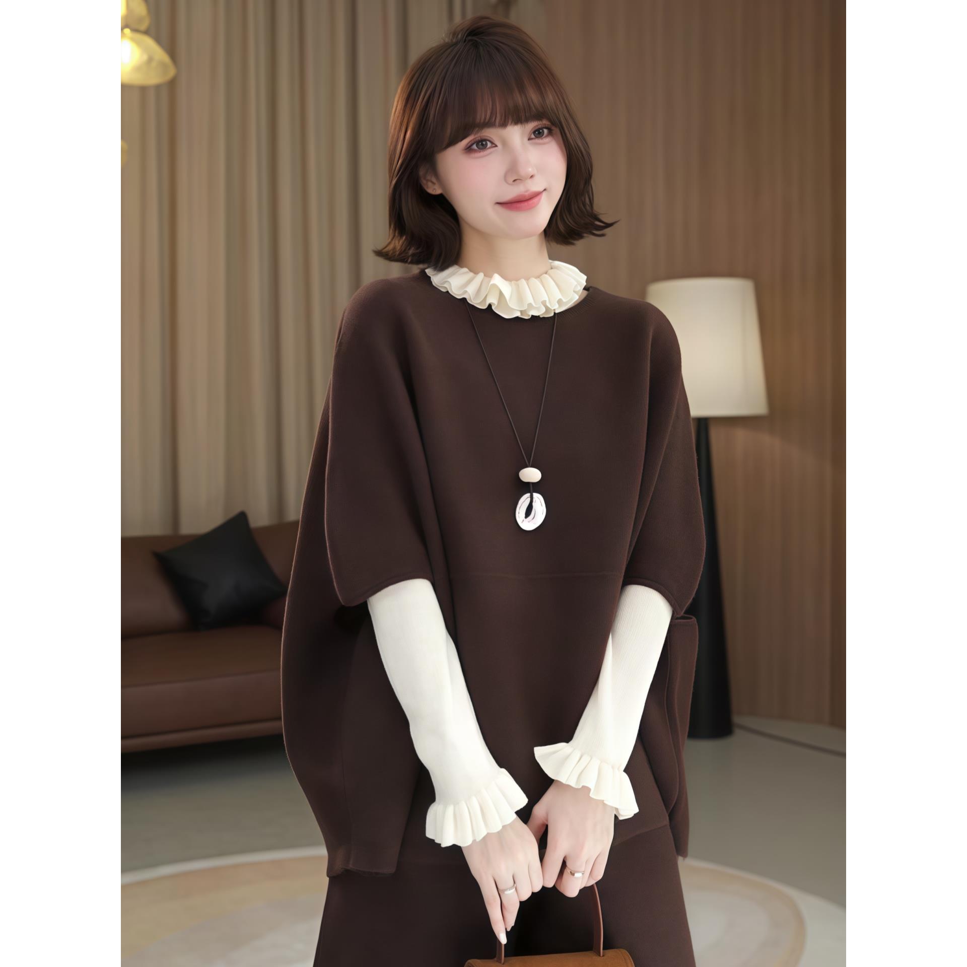 ROUMIKL蝙蝠袖廓形外搭毛衣斗篷女2025新款秋季时尚气质罩衫马甲