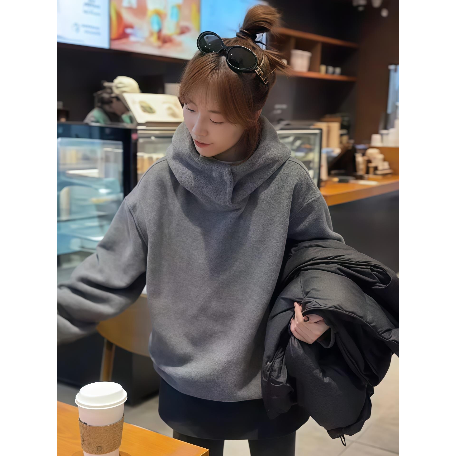 ROUMIKL暗扣连帽加厚保暖卫衣女2025新款秋冬叠穿内搭长袖帽衫慵