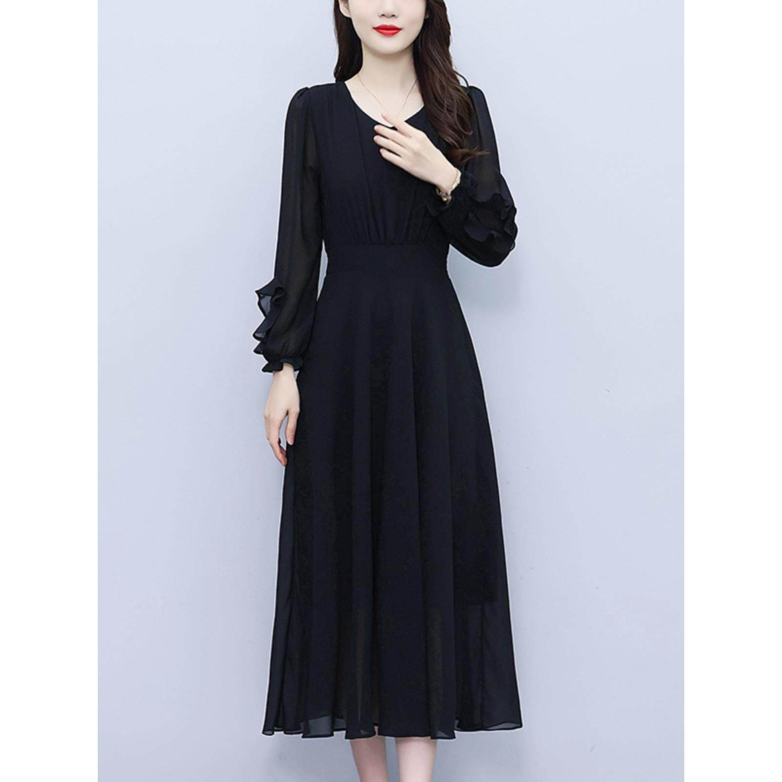 ROUMIKL黑色广州长袖雪纺连衣裙春夏女装品牌经典十三行富婆经典
