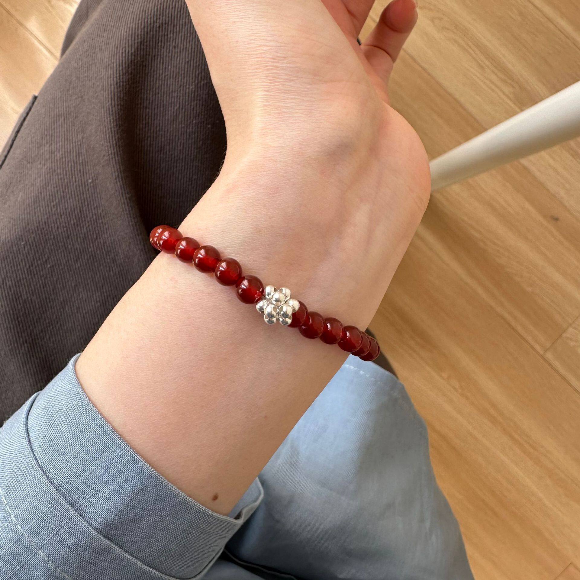 925纯银圆珠红玛瑙串珠手链女简