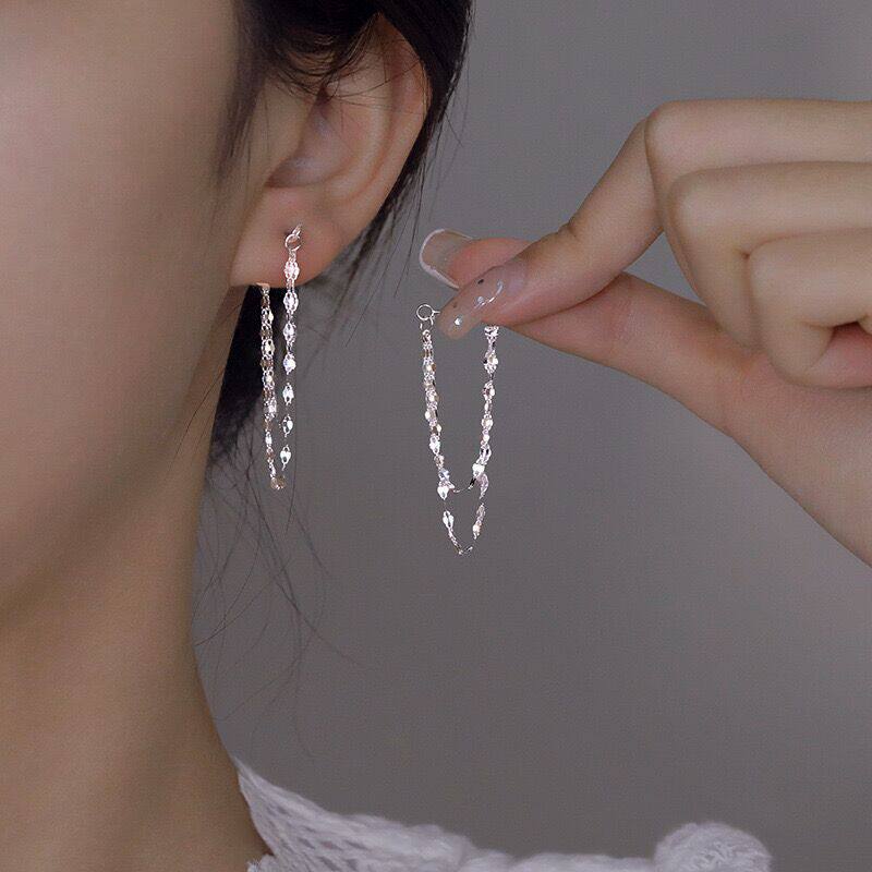 S925纯银闪光双层唇片链流苏耳环